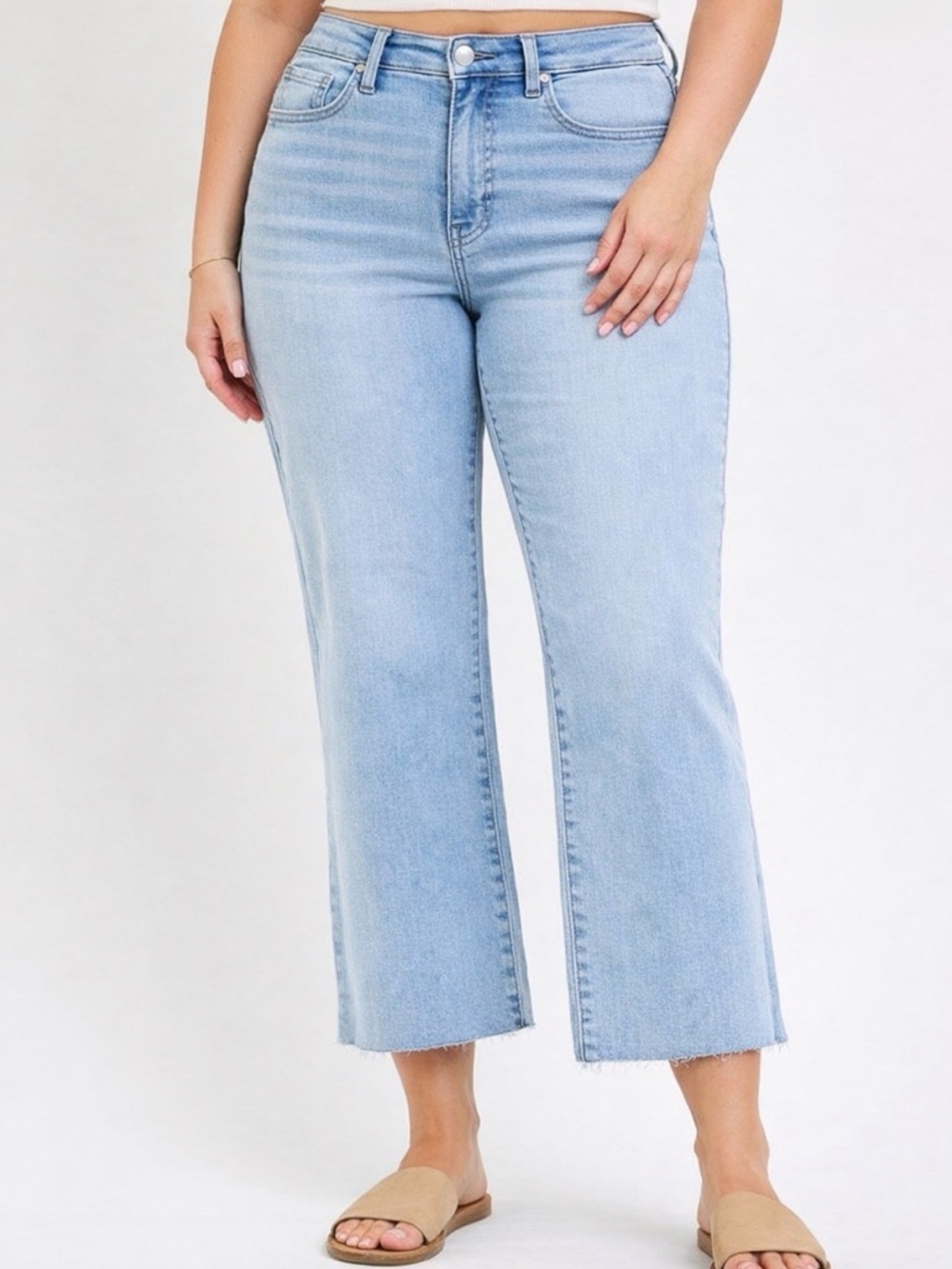 Risen Lumi Plus Size Tummy Control High Rise Crop Wide Leg Jeans in Light Denim